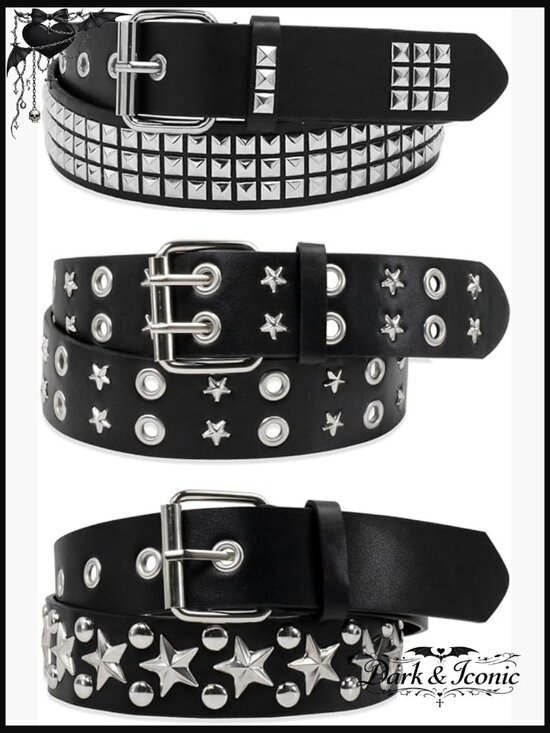 Accessories - 3 Pcs Y2K Star & Studded Belt Set - Double Grommet Punk